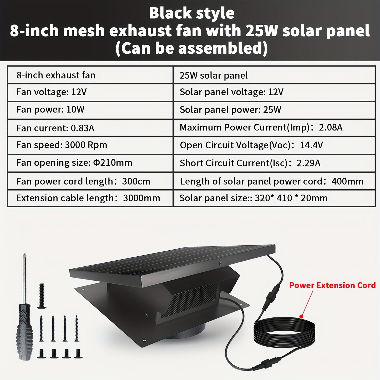 Solar Roof Vent Fan, 20.32 cm, 25W Solar Powered Attic Exhaust Fan with Up to 3000RPM for Efficient Cooling in Lofts, Warehouses, Greenhouses & RVs – Black, Assembleable and Detachable