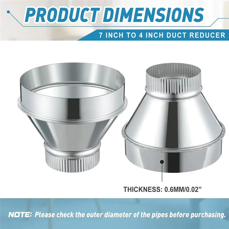 A93Z Air Duct Adapter 7 Inch To 4 Inch Duct Reducer Increaser Galvanized Steel Round Crimped Pipe For HVAC Ventilation System