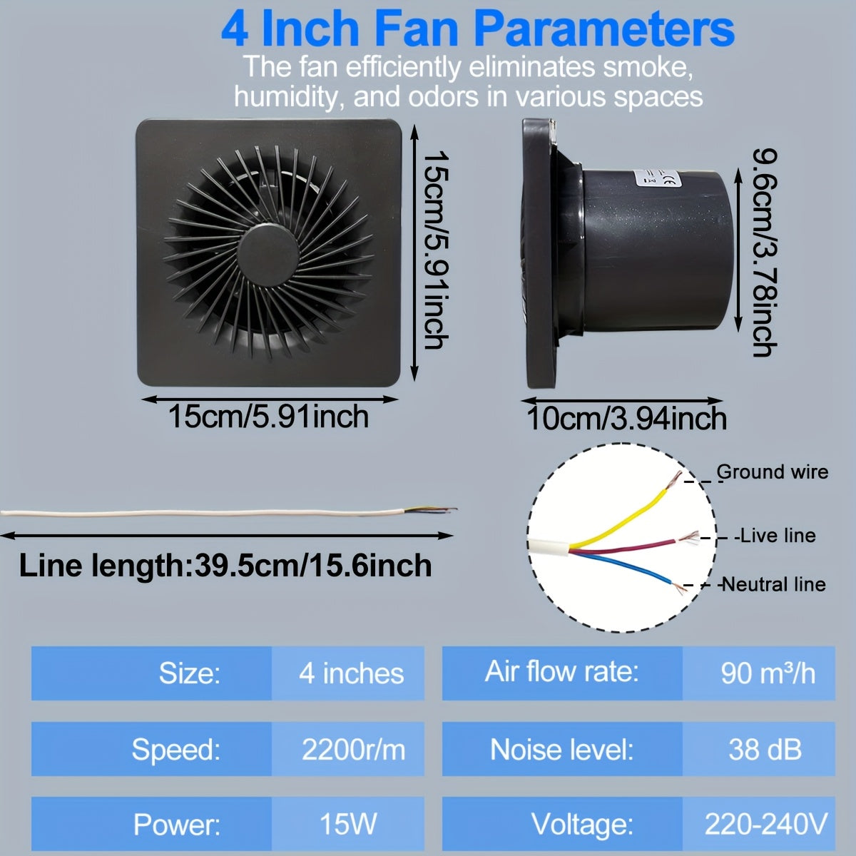 4-Inch Ventilation Fan, European Standard Exhaust Fan, 100m3/h Airflow, Hardwired Installation, Air Purification Equipment with Deflector Baffle, Quiet Operation, Dehumidifying & Ventilating for Kitchen, Bathroom, Pet Room, G