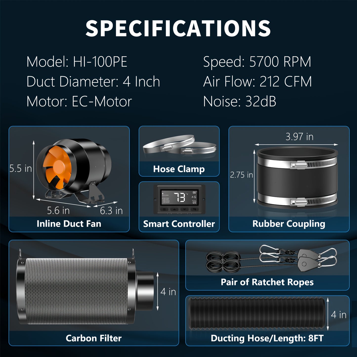 European 4-Inch Fan Filter Set (Hose + Soft Tube + HI-100PE Black And Orange European Model + 100*250Mm Filter + Lanyard)