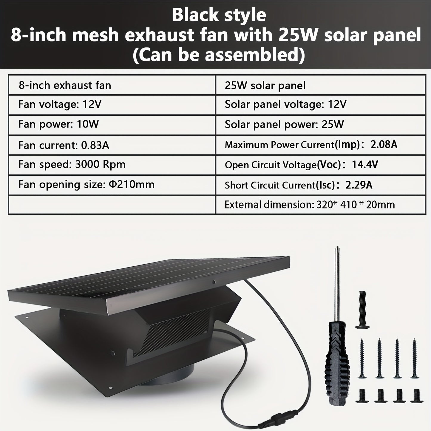 Solar Roof Vent Fan, 20.32 cm, 25W Solar Powered Attic Exhaust Fan with Up to 3000RPM for Efficient Cooling in Lofts, Warehouses, Greenhouses & RVs – Black, Assembleable and Detachable