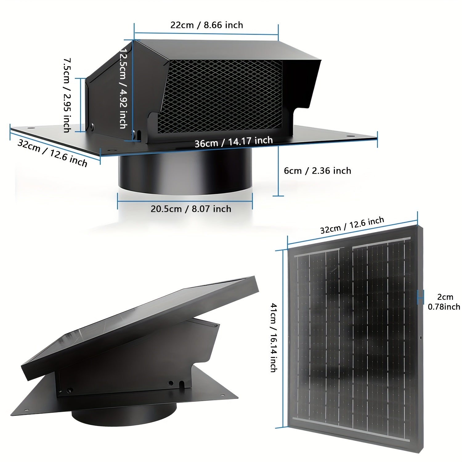 Solar Roof Vent Fan, 20.32 cm, 25W Solar Powered Attic Exhaust Fan with Up to 3000RPM for Efficient Cooling in Lofts, Warehouses, Greenhouses & RVs – Black, Assembleable and Detachable
