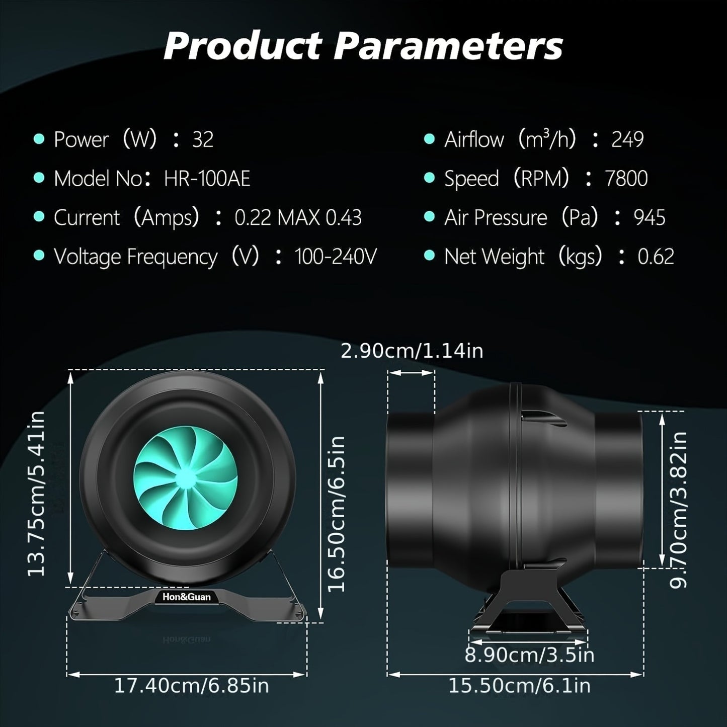 1pc 10.16 Cm Inline EC Motor Duct Fan With Variable Speed Controller Ventilation, Exhaust Fan For Heating Cooling Booster, Grow Tents, Hydroponics (146 CFM)