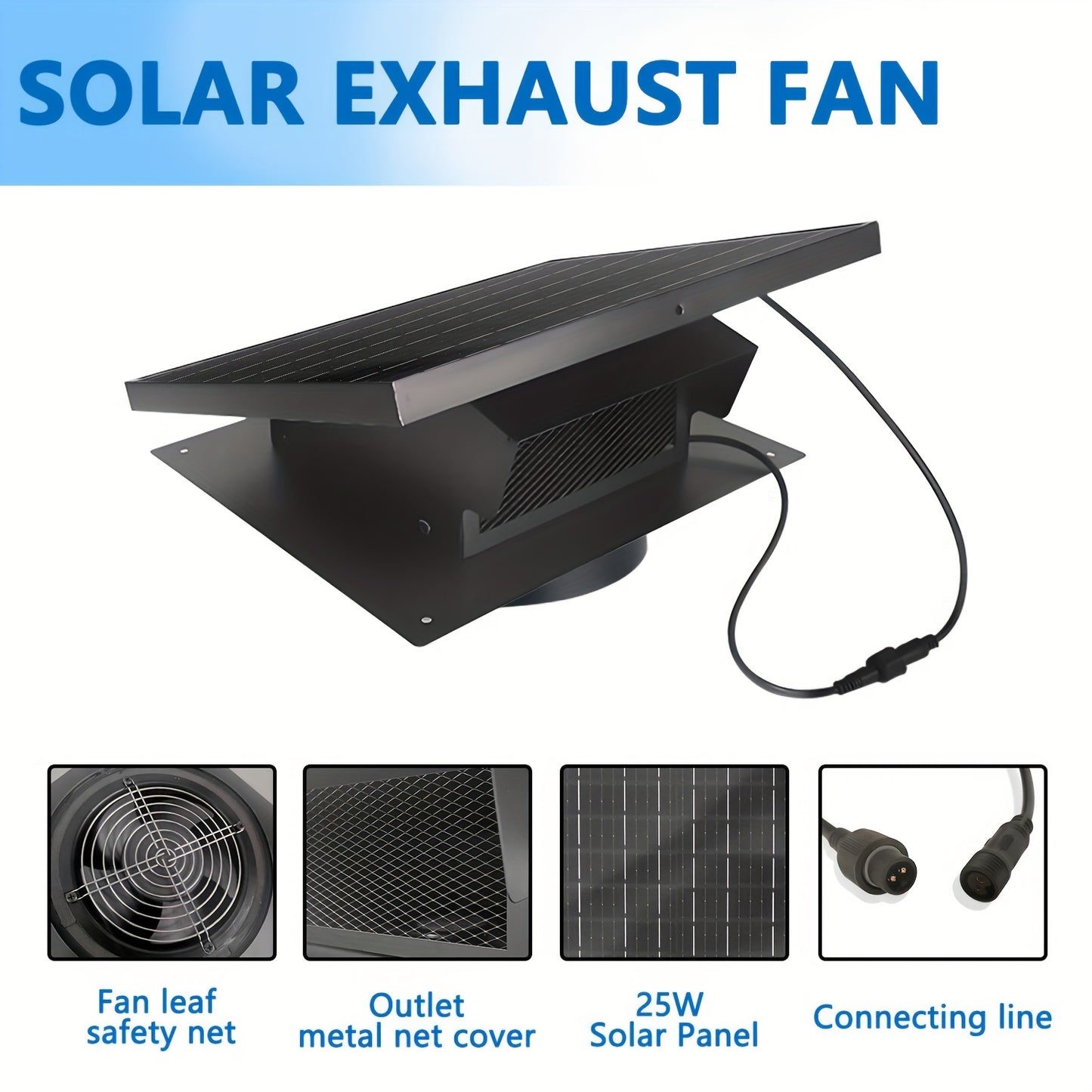 Solar Roof Vent Fan, 20.32 cm, 25W Solar Powered Attic Exhaust Fan with Up to 3000RPM for Efficient Cooling in Lofts, Warehouses, Greenhouses & RVs – Black, Assembleable and Detachable
