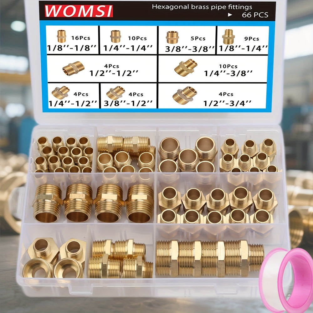 40pcs/66pcs of Brass Hex Nut Fittings 1/8" 1/4" 3/8" 1/2" 3/4" BSP Male Threaded Quick Connectors Suitable for Garden Water, Oil, RV, And Kitchen Pipe Connections.