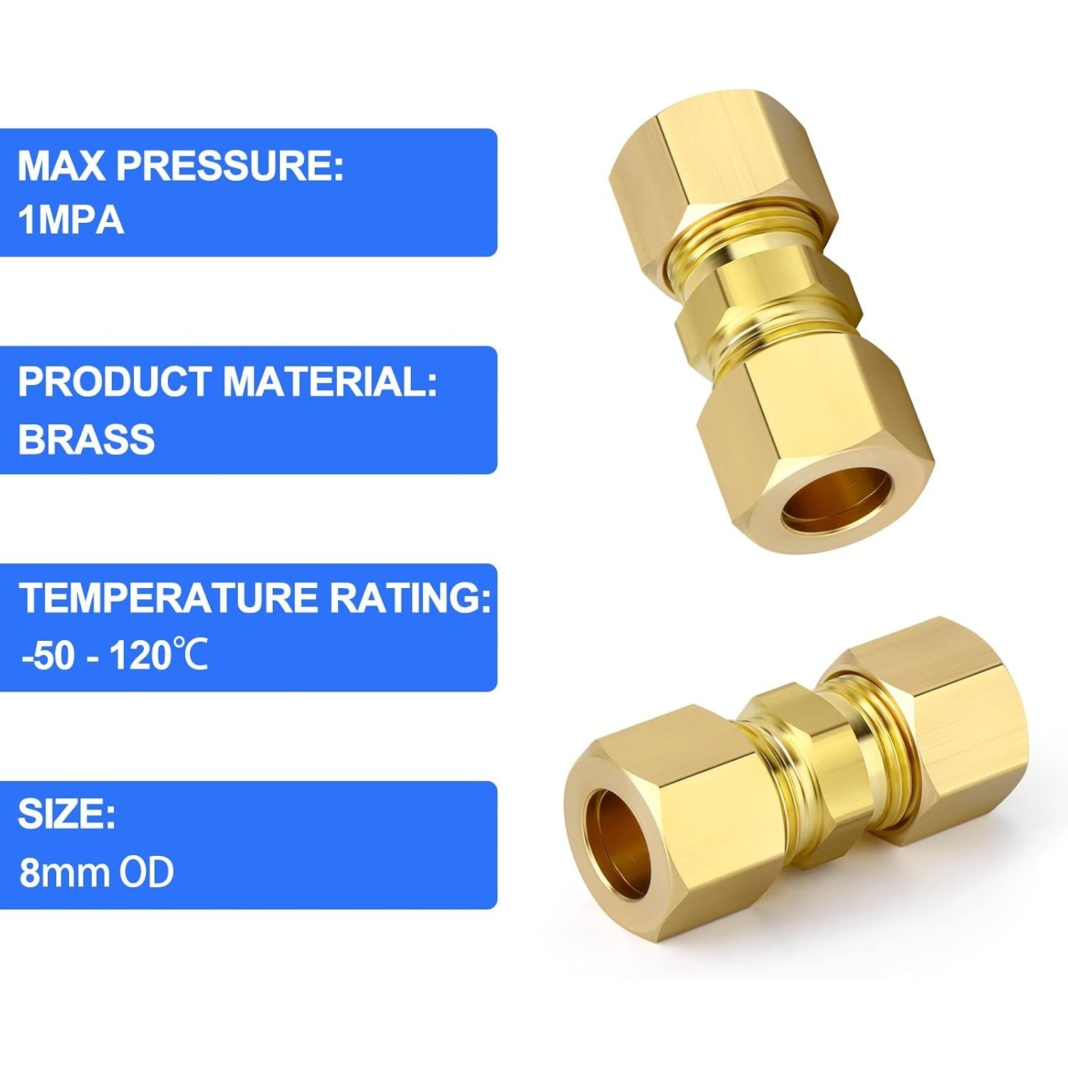 5pcs Heavy-Duty Brass Compression Fittings - 8mm OD Industrial-Grade Press Connect Joints, Hydraulic/Hydrostatic Seal for Fluid Systems (Water, Air, Oil) - for /EU Pipe Standards