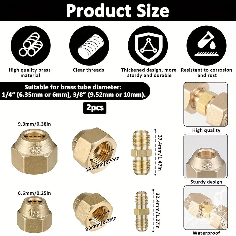 2pcs Pipe Extension Connector Kit, 1/4" and 3/8" Climate Dual Joint Adapter with Weld-Free AC Copper Pipe Fittings, Includes Unisex Nuts, Suitable for HVAC Systems, Bras Fitting, Iron Fitting, Inch With Male Hose Repair Kit,