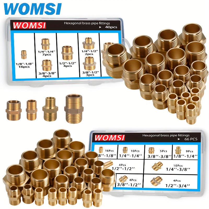 40pcs/66pcs of Brass Hex Nut Fittings 1/8" 1/4" 3/8" 1/2" 3/4" BSP Male Threaded Quick Connectors Suitable for Garden Water, Oil, RV, And Kitchen Pipe Connections.