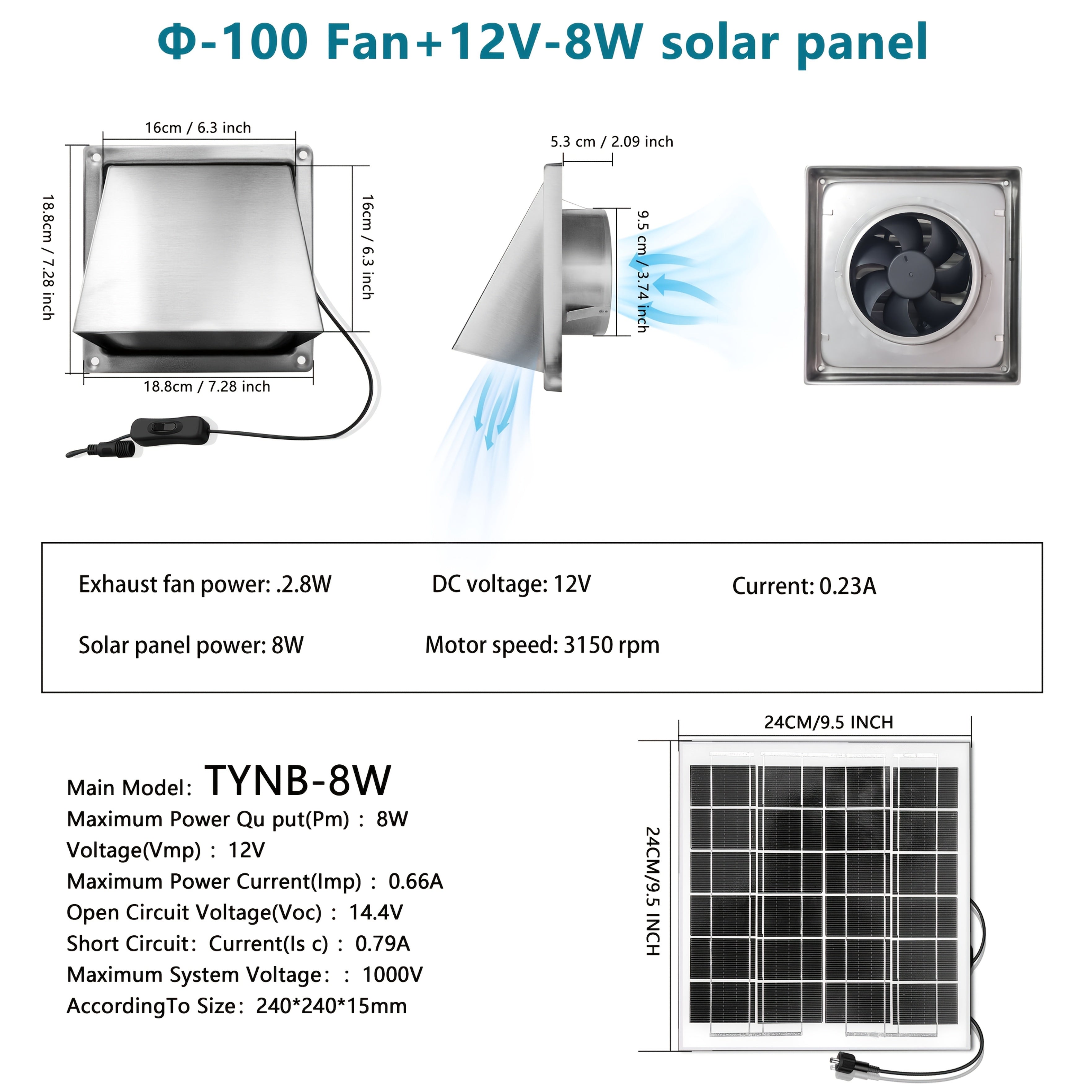 Wall-mounted ventilation fan kit, Φ150mm/Φ100mm fan + 8W solar panel included, suitable for bathroom and kitchen ventilation solutions. Durable stainless steel wall-mount exhaust fan provides excellent airflow