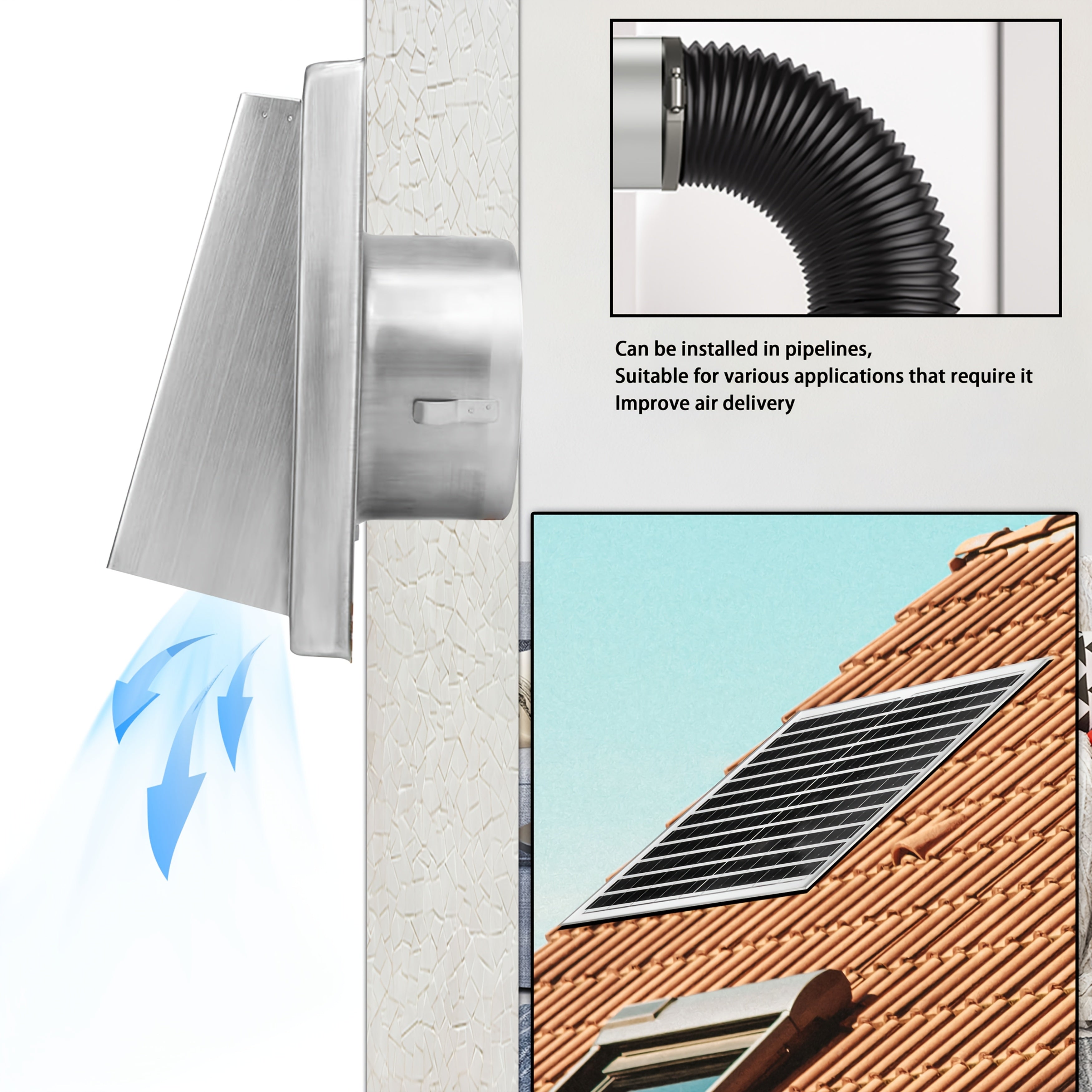 Wall-mounted ventilation fan kit, Φ150mm/Φ100mm fan + 8W solar panel included, suitable for bathroom and kitchen ventilation solutions. Durable stainless steel wall-mount exhaust fan provides excellent airflow