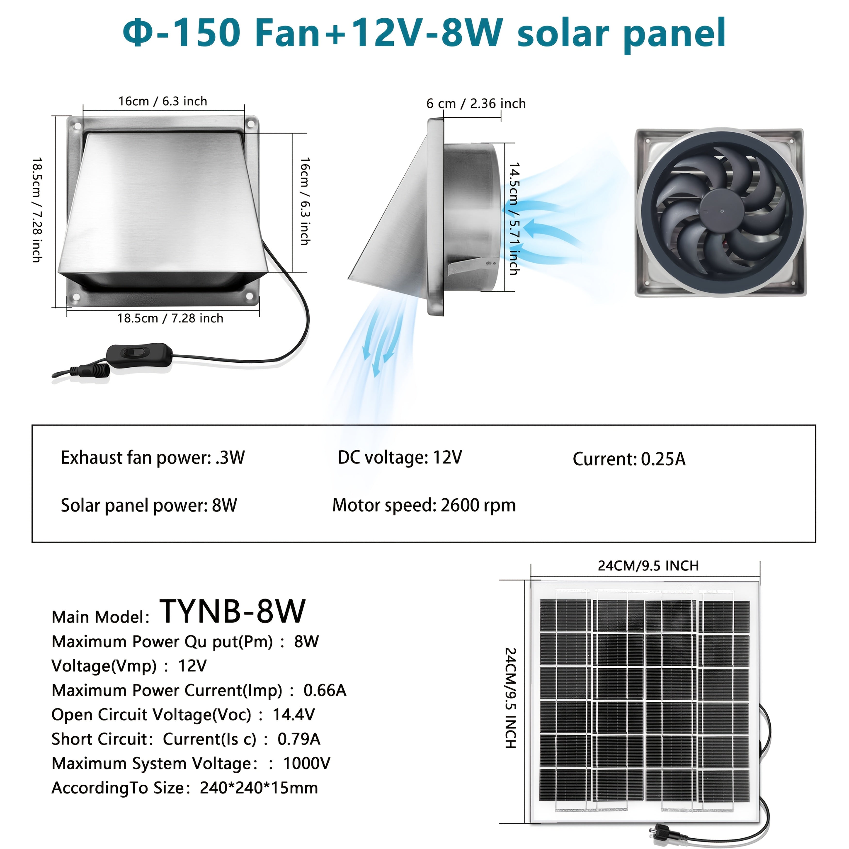 Wall-mounted ventilation fan kit, Φ150mm/Φ100mm fan + 8W solar panel included, suitable for bathroom and kitchen ventilation solutions. Durable stainless steel wall-mount exhaust fan provides excellent airflow