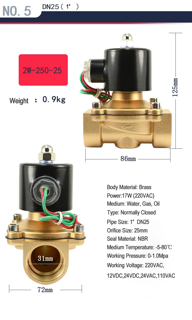1/2" 3/4" 1" 2" inch Normally Closed Brass Solenoid Valve 220VAC 110VAC 24VDC 12VDC 24VAC Direct Acting For Water Gas Oil