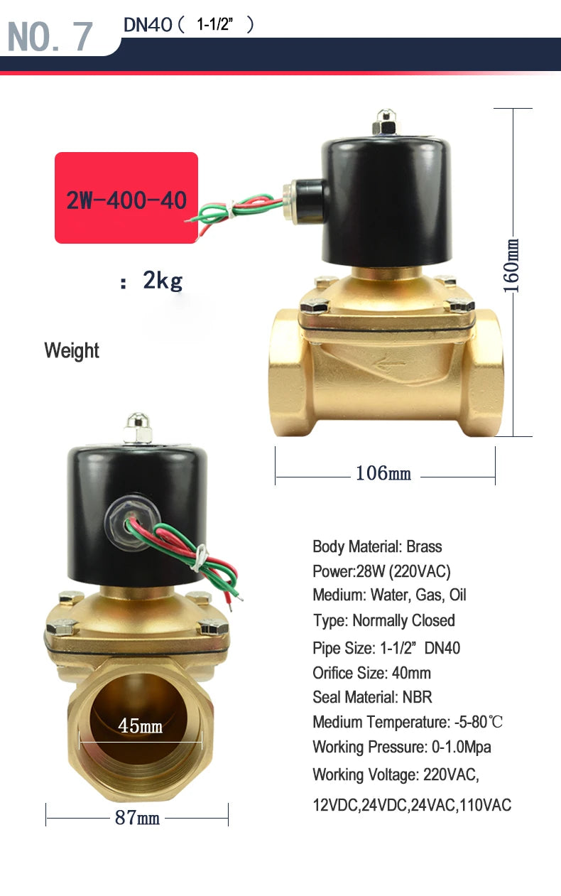 1/2" 3/4" 1" 2" inch Normally Closed Brass Solenoid Valve 220VAC 110VAC 24VDC 12VDC 24VAC Direct Acting For Water Gas Oil