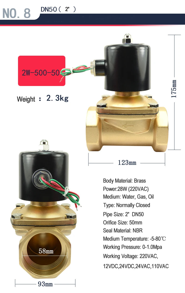 1/2" 3/4" 1" 2" inch Normally Closed Brass Solenoid Valve 220VAC 110VAC 24VDC 12VDC 24VAC Direct Acting For Water Gas Oil