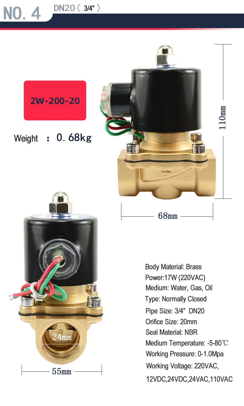 1/2" 3/4" 1" 2" inch Normally Closed Brass Solenoid Valve 220VAC 110VAC 24VDC 12VDC 24VAC Direct Acting For Water Gas Oil