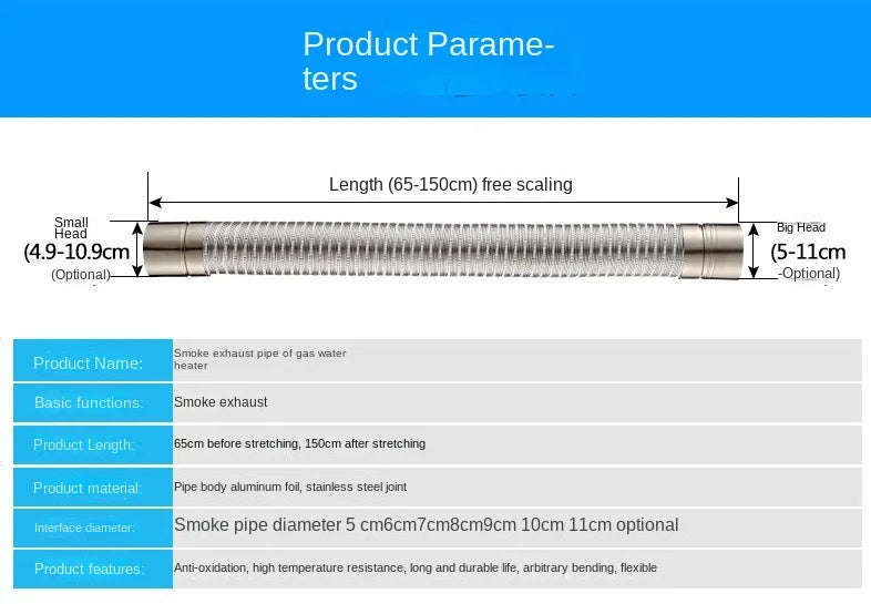 ∅70mm 1m Aluminum Semi-flexible Pipe with Stainless Steel Connector Smoke Exhaust Tube of Water Heater/Bathroom Ventilation Duct
