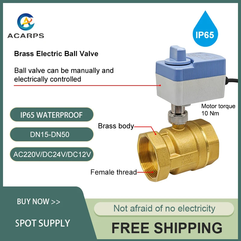 Brass Electric Ball Valve Waterproof Grade IP65 Motorized Ball Valve With Manual Switch Function 1/2" 3/4" 1" 12V/24V/220V