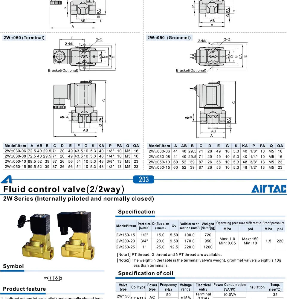 AIRTAC Original Fluid Control Valve Direct-acting Normally Closed 2W030-6/8 050-10/15 Internally Piloted 2W150-15 200-20 250-25