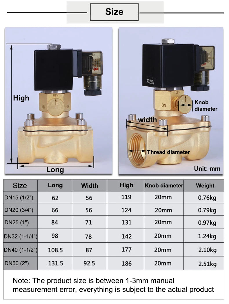 1/2" 3/4" 1" 1-1/4" 1-1/2" 2" Brass Electric Solenoid Valve With Manual Emergency Switch AC220V DC24V For Water Oil Air