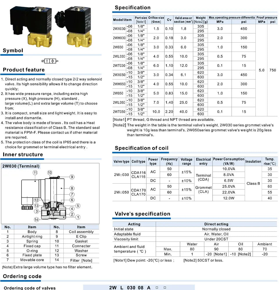 AIRTAC Original Fluid Control Valve Direct-acting Normally Closed 2W030-6/8 050-10/15 Internally Piloted 2W150-15 200-20 250-25