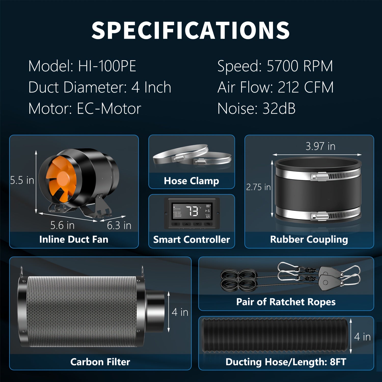European 4-Inch Fan Filter Set (Hose + Soft Tube + HI-100PE Black And Orange European Model + 100*250Mm Filter + Lanyard)
