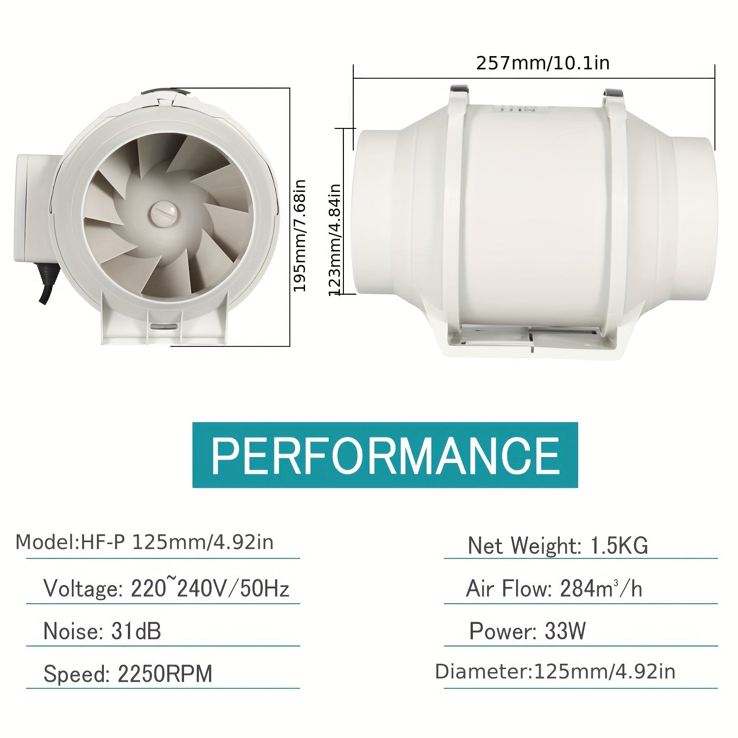High-Speed ​​10.16cm Inline Duct Fan with Mixed Flow - Low Noise, Powerful Ventilation for Heating &amp; Cooling, Ideal for Grow Tents &amp; Hydroponics, Easy Install, 220V