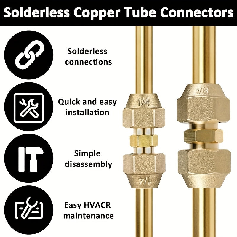 2pcs Pipe Extension Connector Kit, 1/4" and 3/8" Climate Dual Joint Adapter with Weld-Free AC Copper Pipe Fittings, Includes Unisex Nuts, Suitable for HVAC Systems, Bras Fitting, Iron Fitting, Inch With Male Hose Repair Kit,