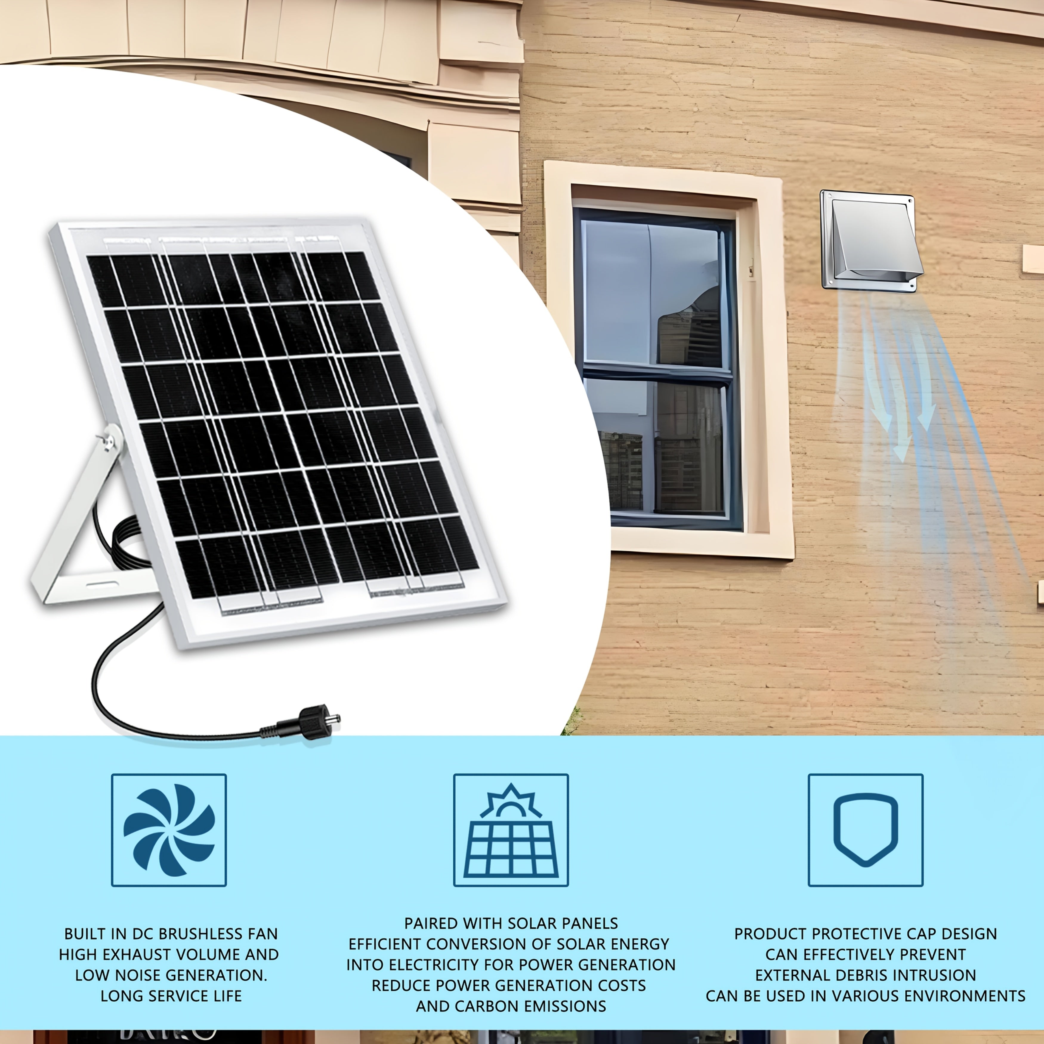 Wall-mounted ventilation fan kit, Φ150mm/Φ100mm fan + 8W solar panel included, suitable for bathroom and kitchen ventilation solutions. Durable stainless steel wall-mount exhaust fan provides excellent airflow