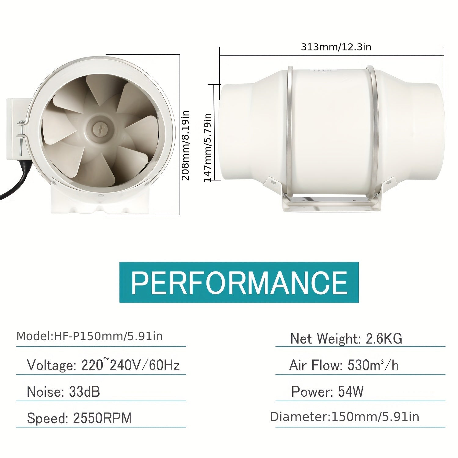 High-Speed ​​10.16cm Inline Duct Fan with Mixed Flow - Low Noise, Powerful Ventilation for Heating &amp; Cooling, Ideal for Grow Tents &amp; Hydroponics, Easy Install, 220V