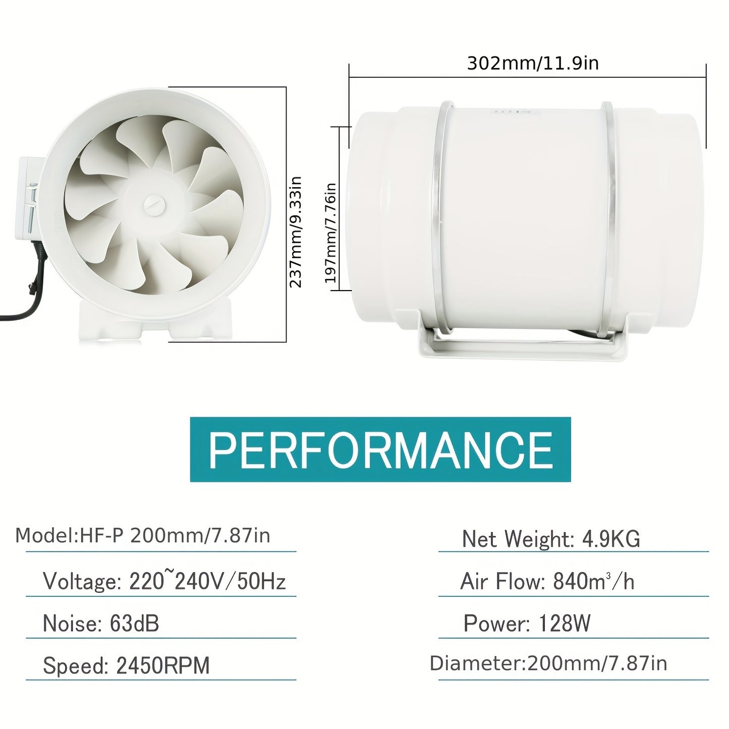 High-Speed 10.16cm Inline Duct Fan with Mixed Flow - Low Noise, Powerful Ventilation for Heating & Cooling, Ideal for Grow Tents & Hydroponics, Easy Install, 220V
