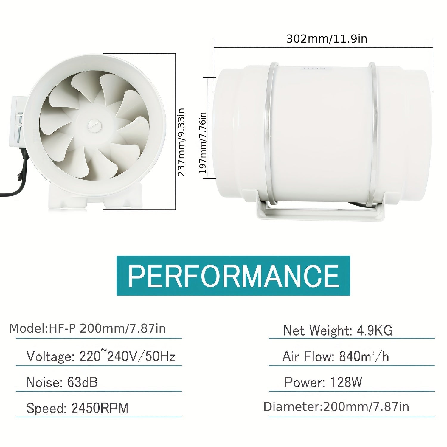 High-Speed ​​10.16cm Inline Duct Fan with Mixed Flow - Low Noise, Powerful Ventilation for Heating &amp; Cooling, Ideal for Grow Tents &amp; Hydroponics, Easy Install, 220V
